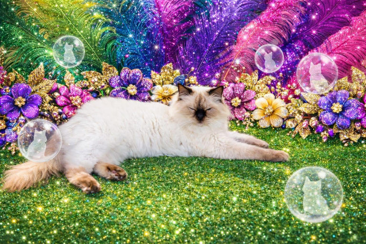 Romeo lying on grass with colorful flowers and bubbles in a fantasy setting