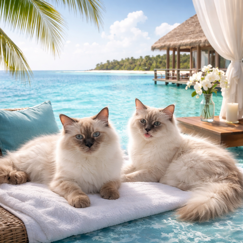 Princess and Romeo sitting on a towel by the ocean with a hut and palm trees in the background.