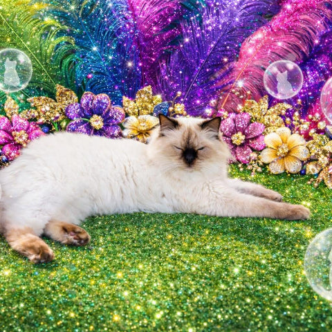 Romeo lying on grass with colorful flowers and bubbles in a fantasy setting